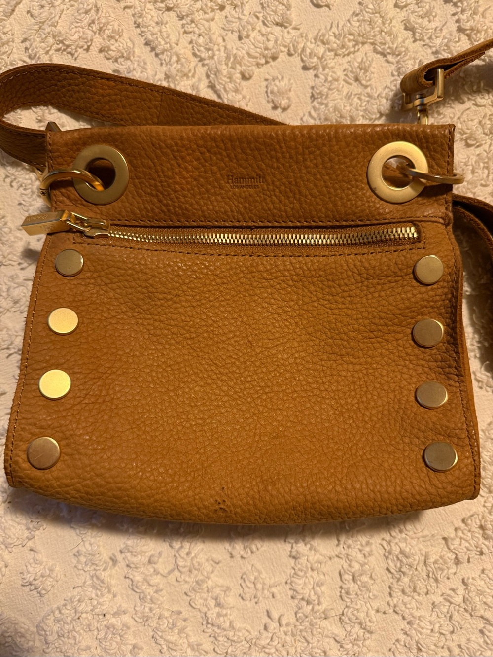 Hammitt Pebbled Leather Crossbody in Caramel Brown with Gold Hardware